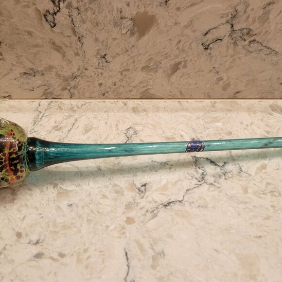 Vintage Czech Art Glass Flower Tulip Hand Blown Glass Turquoise Gold Long Stem - Picture 10 of 11